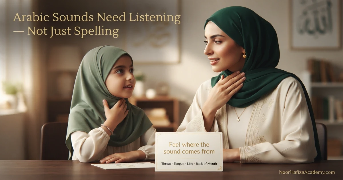 Female Quran teacher demonstrating basic Arabic letter sounds and articulation for Quran beginners