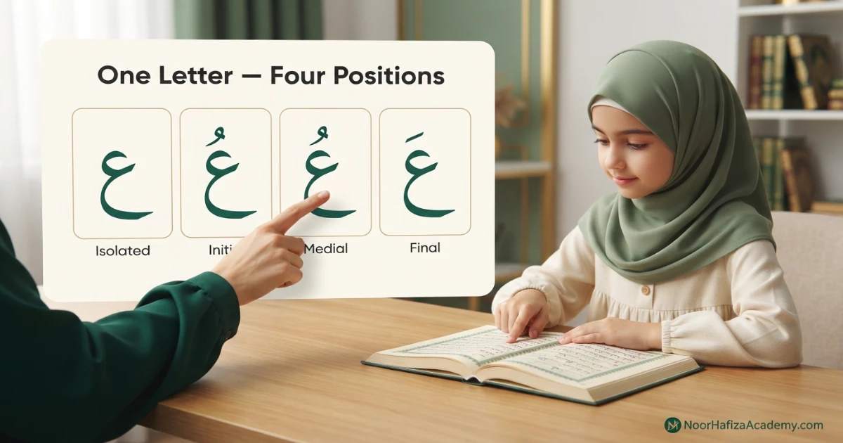 Arabic letters shown in isolated initial medial and final shapes for Quran beginners