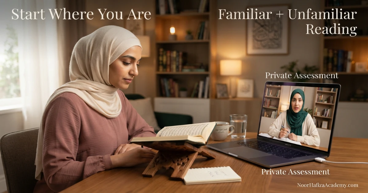 Female Quran teacher assessing an adult Muslim woman’s Quran reading level after a long gap