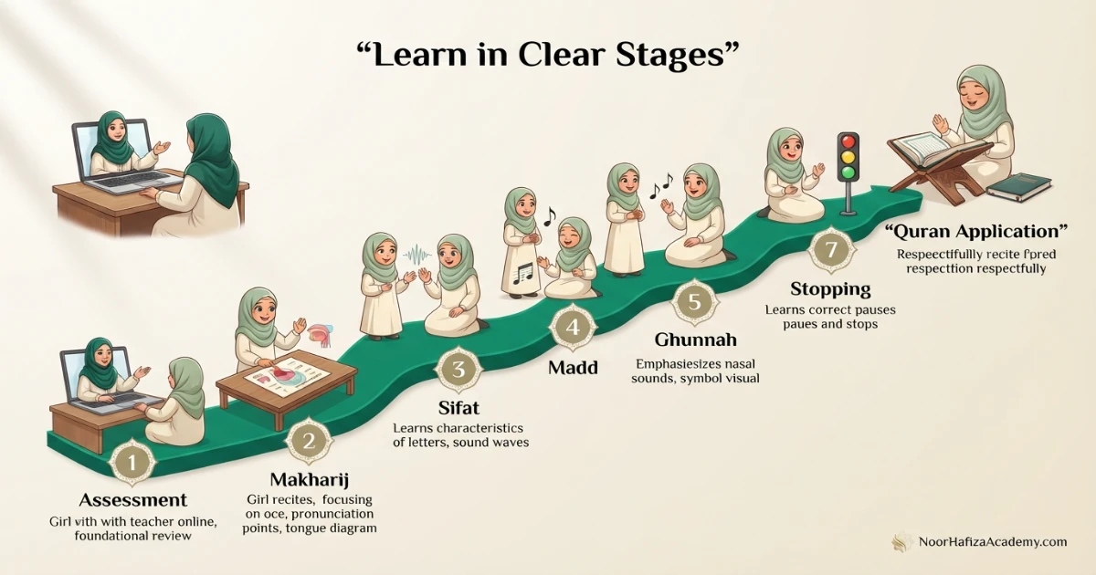 Factors affecting how long it takes to learn Tajweed including starting level lessons practice and pronunciation