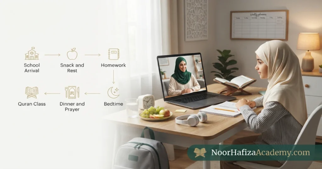 Best online Quran class schedule for school-age children with a female Quran teacher and an organized after-school routine