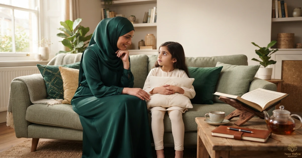 Mother having a calm conversation with a Muslim girl about why she does not want to attend Quran class