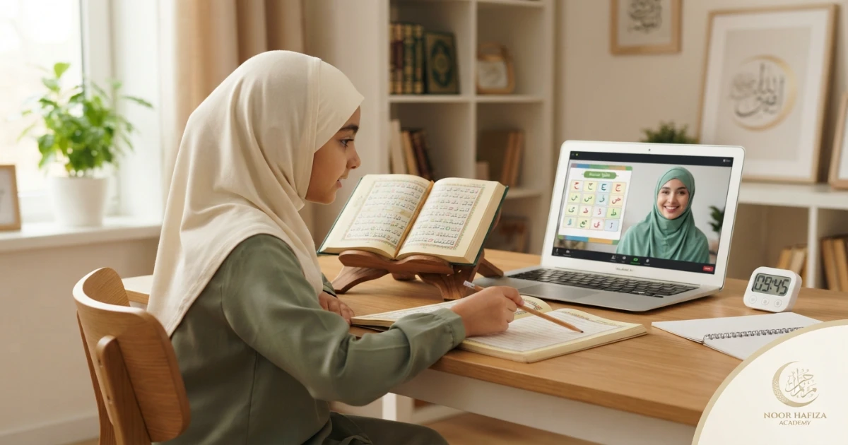 Child friendly online Quran lesson with short tasks encouragement movement and live support from a female Quran teacher