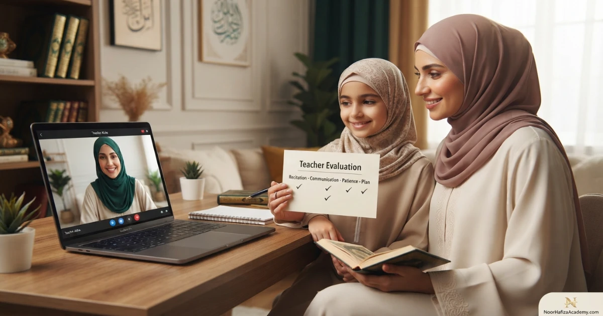 Mother evaluating a female Quran teacher’s qualifications communication and teaching style for her daughter