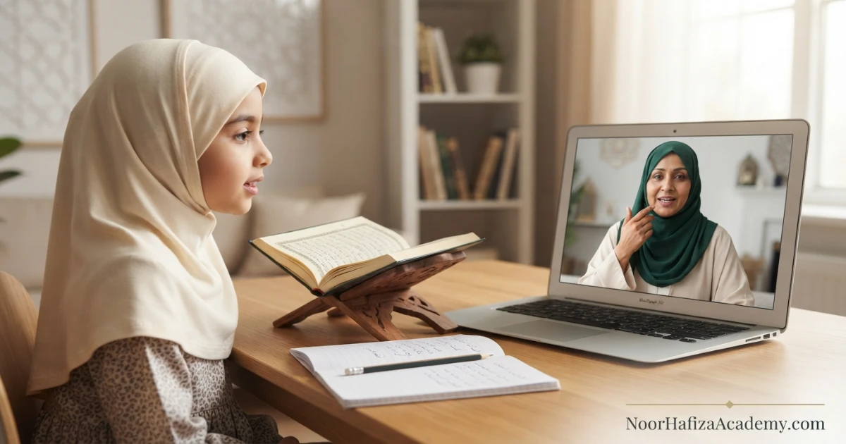 Common Quran pronunciation mistakes corrected by a female Quran teacher during an online lesson with a Muslim girl beginner