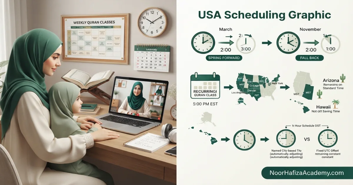 Daylight saving time planning for online Quran classes in the USA including Arizona and Hawaii exceptions
