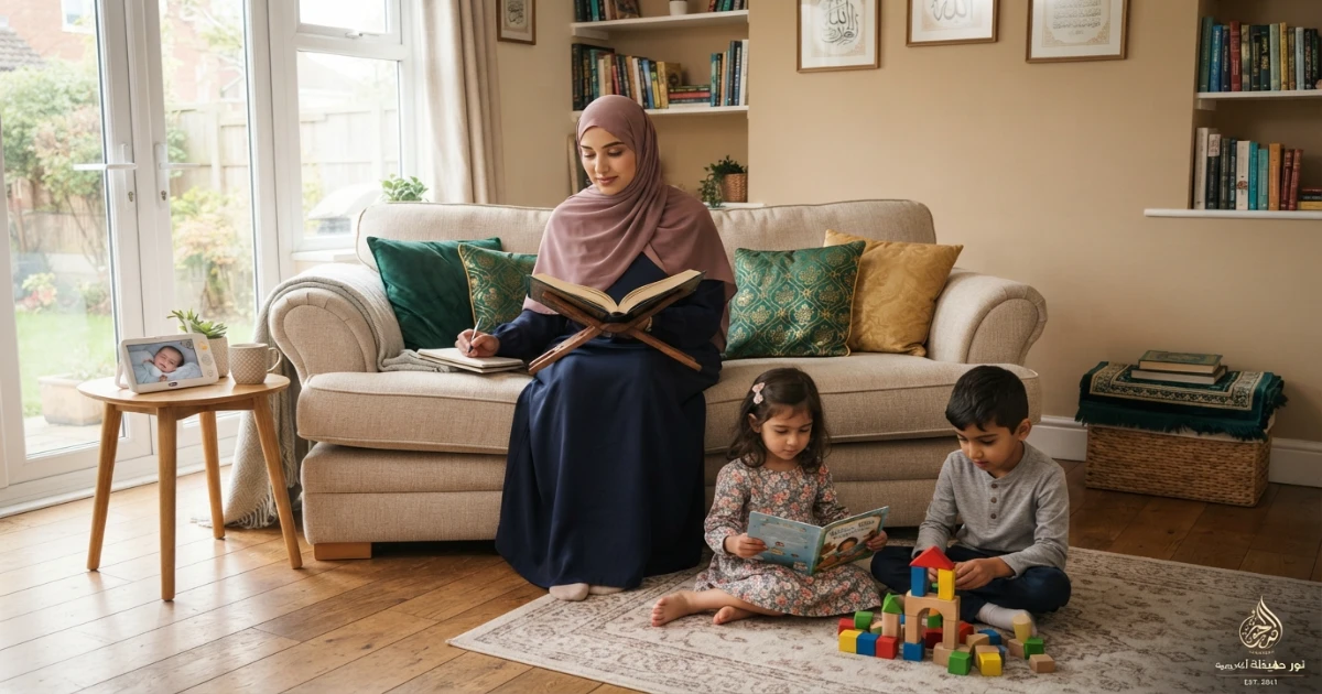 Muslim mother following a family-friendly Quran study routine while managing children and household responsibilities