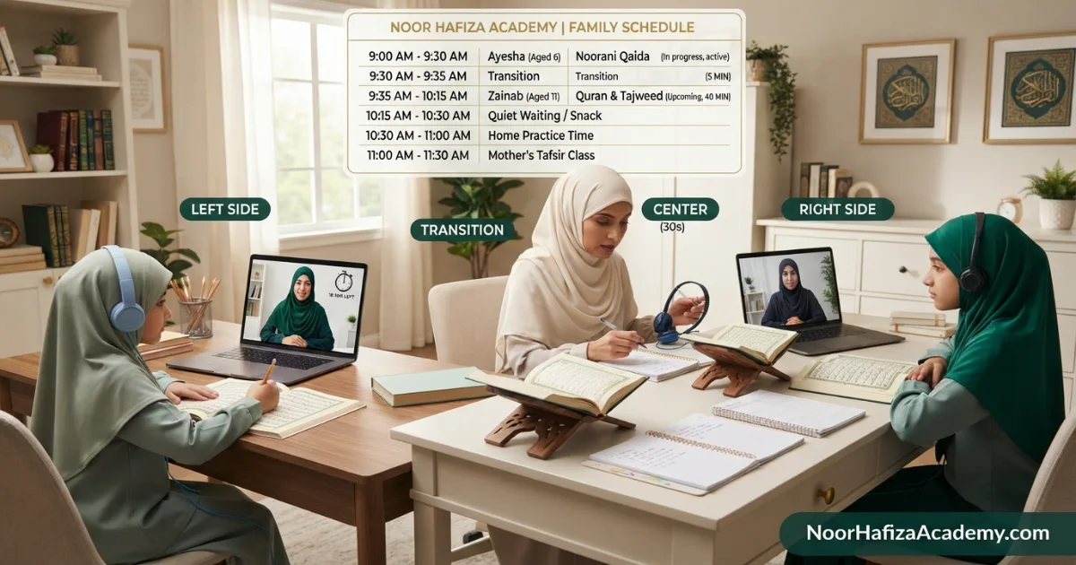 Family and sibling online Quran class schedule in the USA with separate one-to-one lesson times