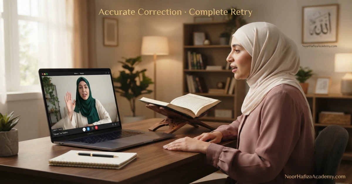 Female Quran teacher helping a Muslim woman correct Tajweed and pronunciation in an online lesson