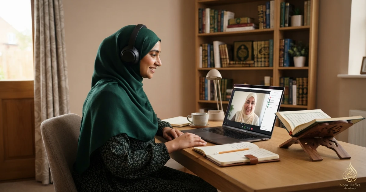 Muslim mother learning Quran online with a qualified female Quran teacher from home