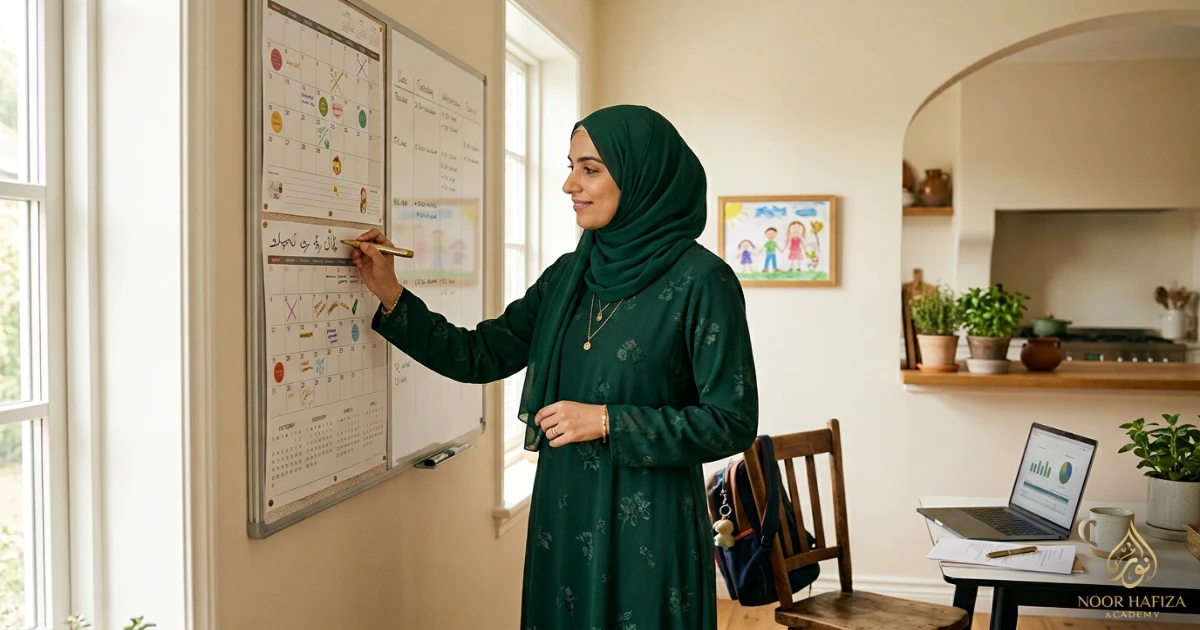 Fifteen-minute Quran learning routine for Muslim mothers including reading Tajweed review and reflection
