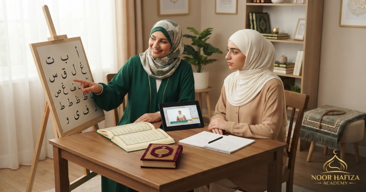 New Muslim adult woman learning Arabic letters and Noorani Qaida with a female Quran teacher
