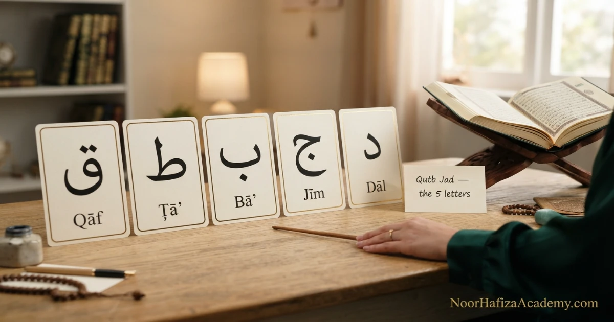 Five Qalqalah letters Qaf Ta Ba Jim and Dal shown for Quran beginners