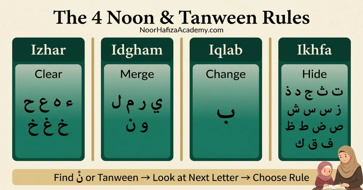 Four Noon Sakinah and Tanween rules chart showing Izhar Idgham Iqlab and Ikhfa