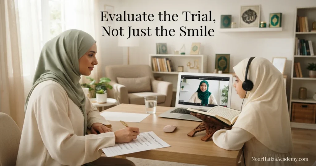Free trial Quran class checklist for parents evaluating a female Quran teacher and child’s online lesson