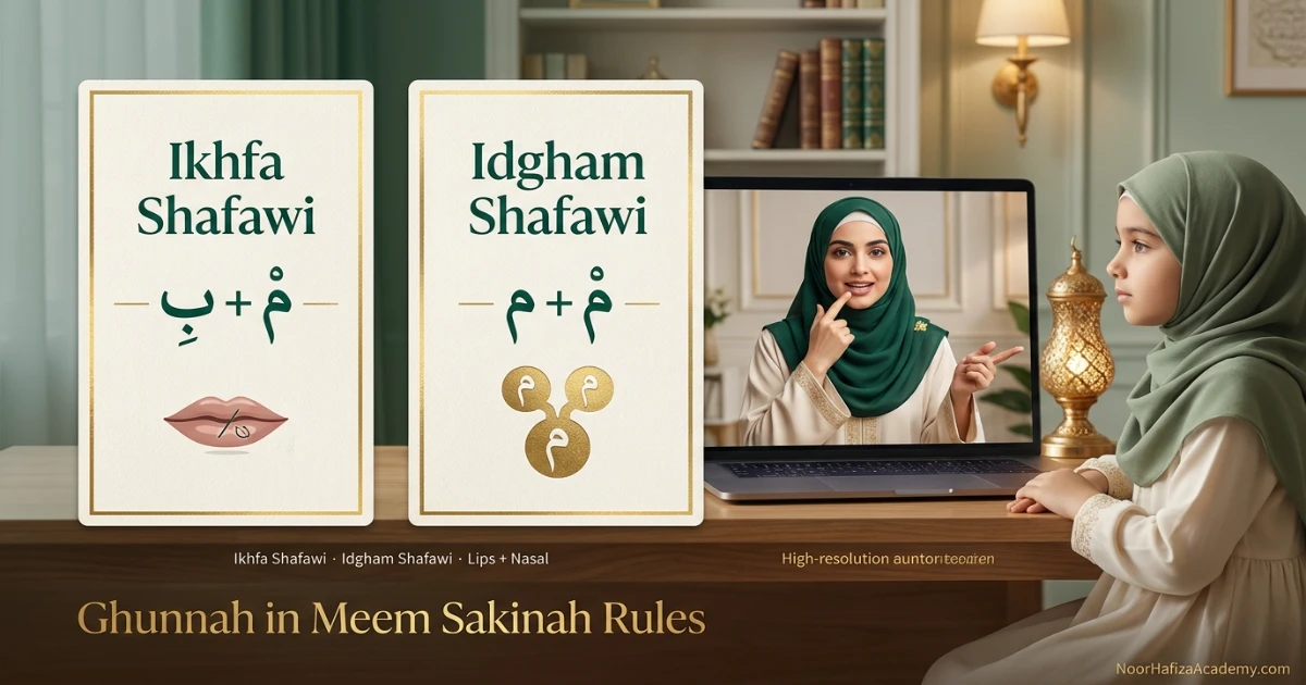 Ghunnah in Meem Sakinah rules including Ikhfa Shafawi and Idgham Shafawi for beginners