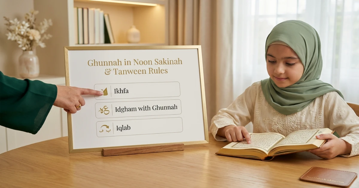 Ghunnah shown in selected Noon Sakinah and Tanween rules for Tajweed beginners
