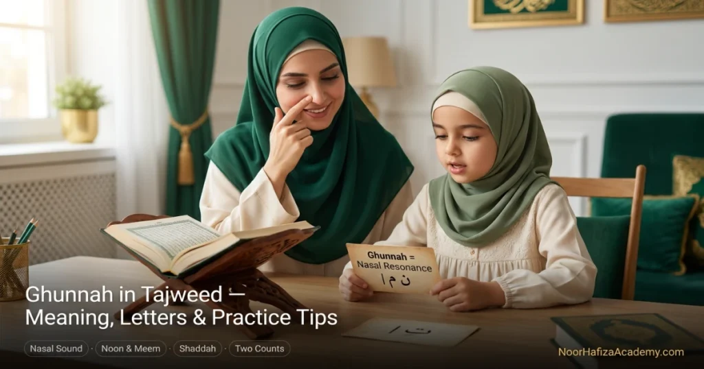 Ghunnah in Tajweed meaning letters and practice tips explained by a female Quran teacher