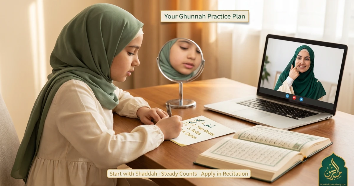 Beginner Ghunnah practice tips with female Quran teacher correcting nasal sound and timing