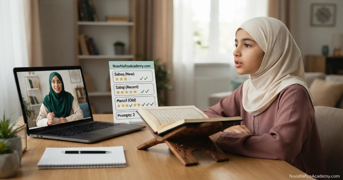 Hifz progress tracking system for sabaq sabqi manzil retention prompts and revision quality