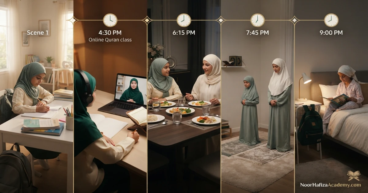 Balanced school evening with homework online Quran class dinner prayer family time and bedtime