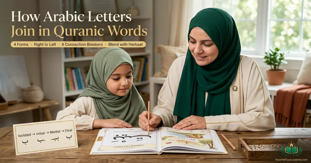 How Arabic letters join in Quranic words explained by a female Quran teacher to a beginner student