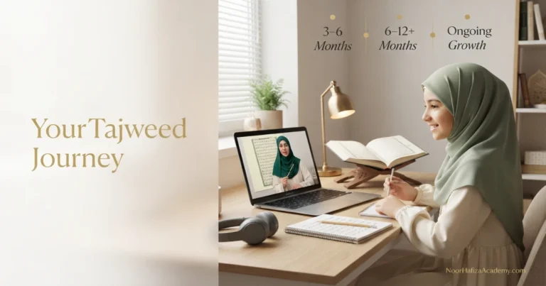 How long does it take to learn Tajweed with a female Quran teacher guiding a Muslim girl during a structured online lesson