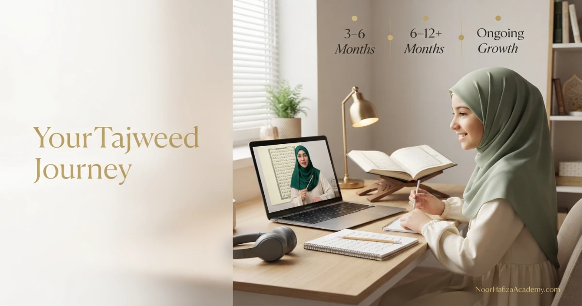 How long does it take to learn Tajweed with a female Quran teacher guiding a Muslim girl during a structured online lesson