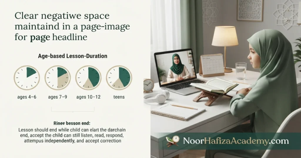 How long an online Quran class should be for a child with a female Quran teacher leading an age-appropriate lesson
