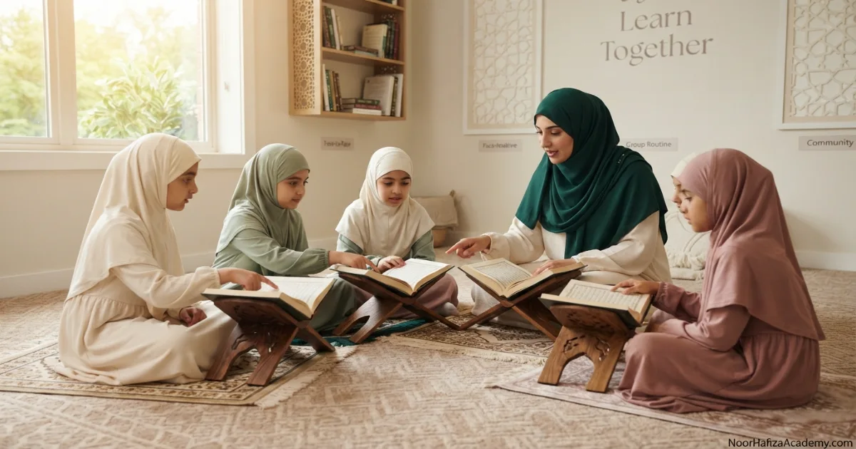 Girls learning Quran together in a supervised in-person madrasa classroom