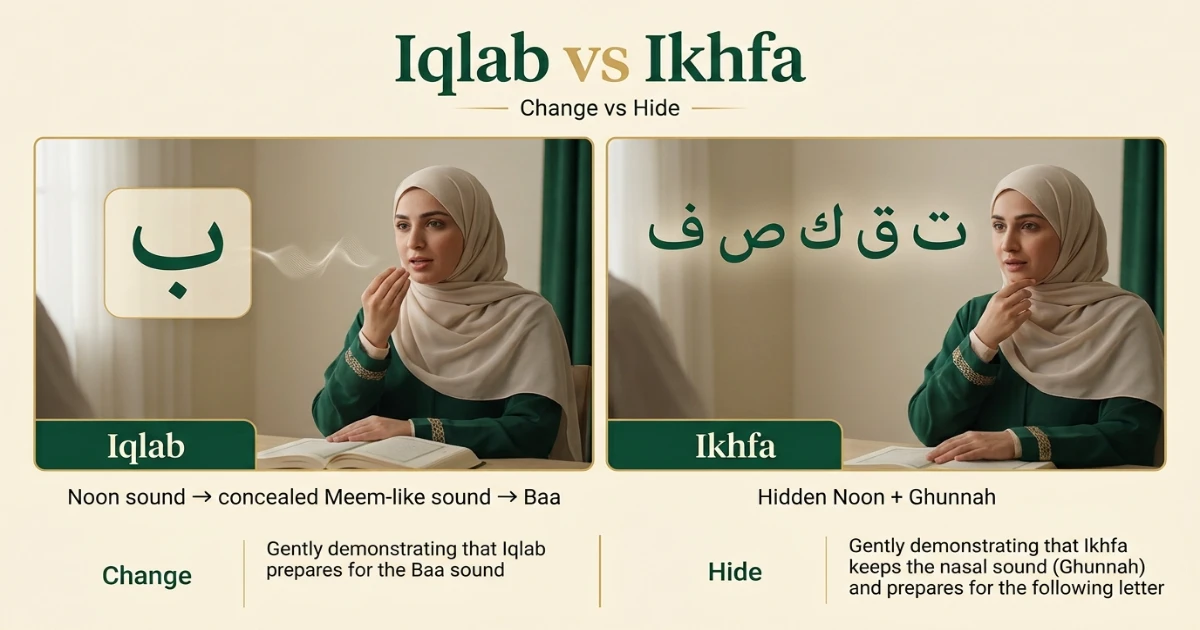 Iqlab and Ikhfa examples showing nasal sound and letter changes in Tajweed