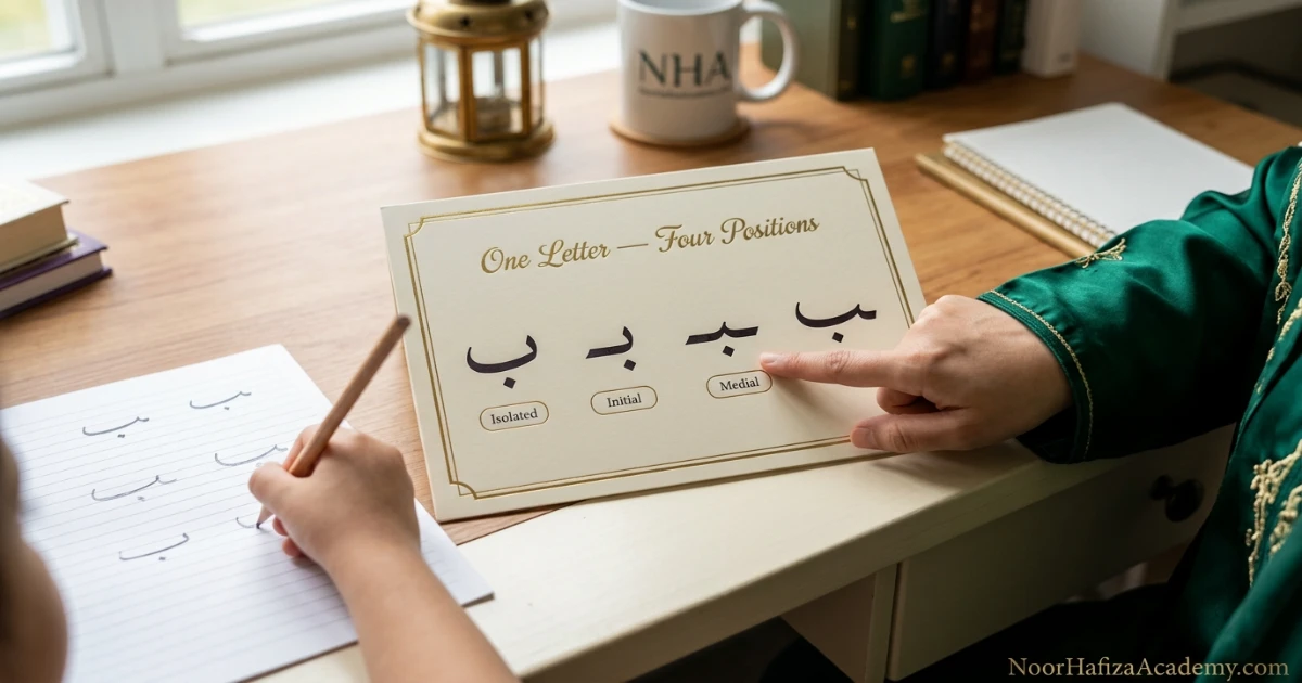 Isolated initial medial and final Arabic letter forms explained for Quran beginners