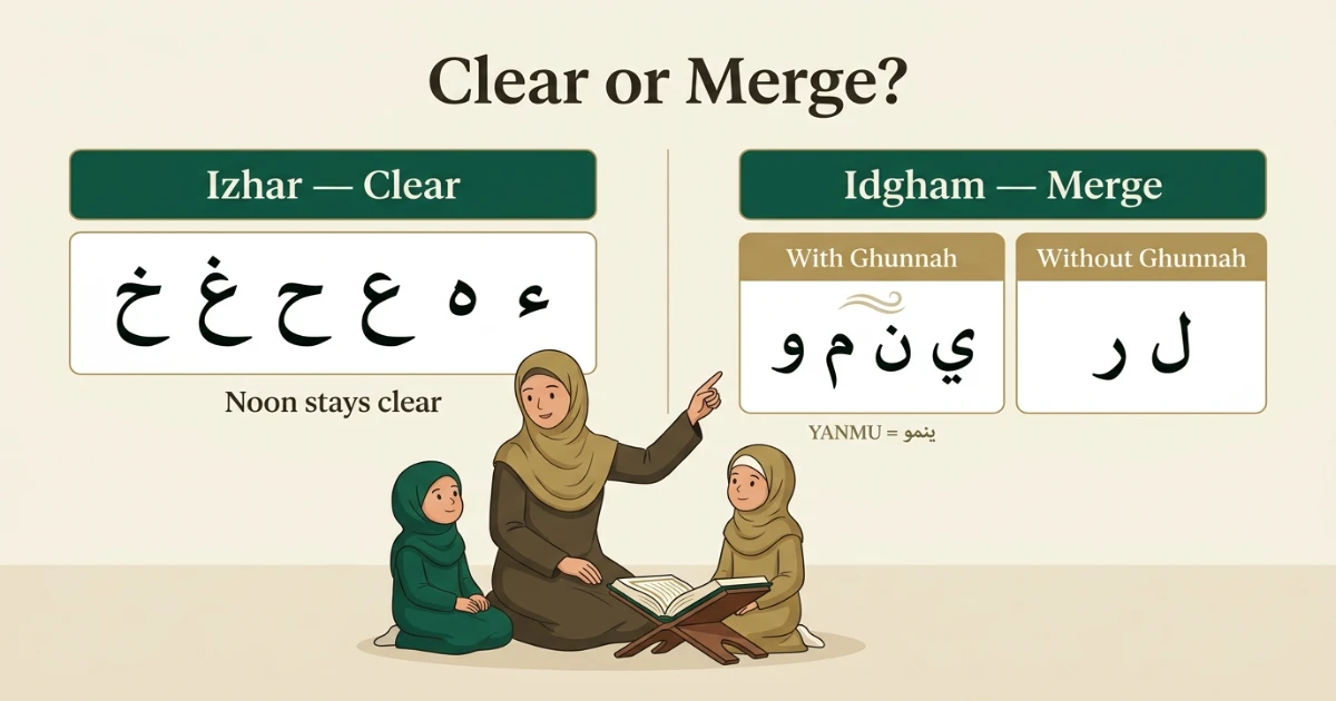 Izhar and Idgham letters chart with Ghunnah and without Ghunnah groups