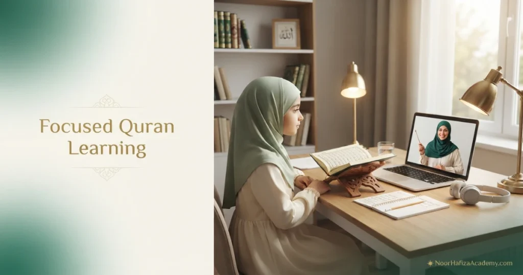 How to keep children focused during online Quran classes with a female Quran teacher guiding a Muslim girl