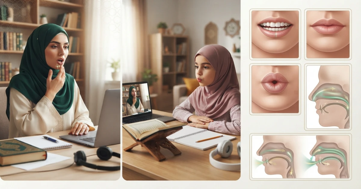 Lip and nasal Makharij of Arabic letters for fa ba meem waw noon and ghunnah