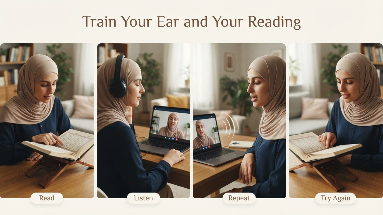 Beginner listening and repeating Quran recitation with female Quran teacher pronunciation guidance