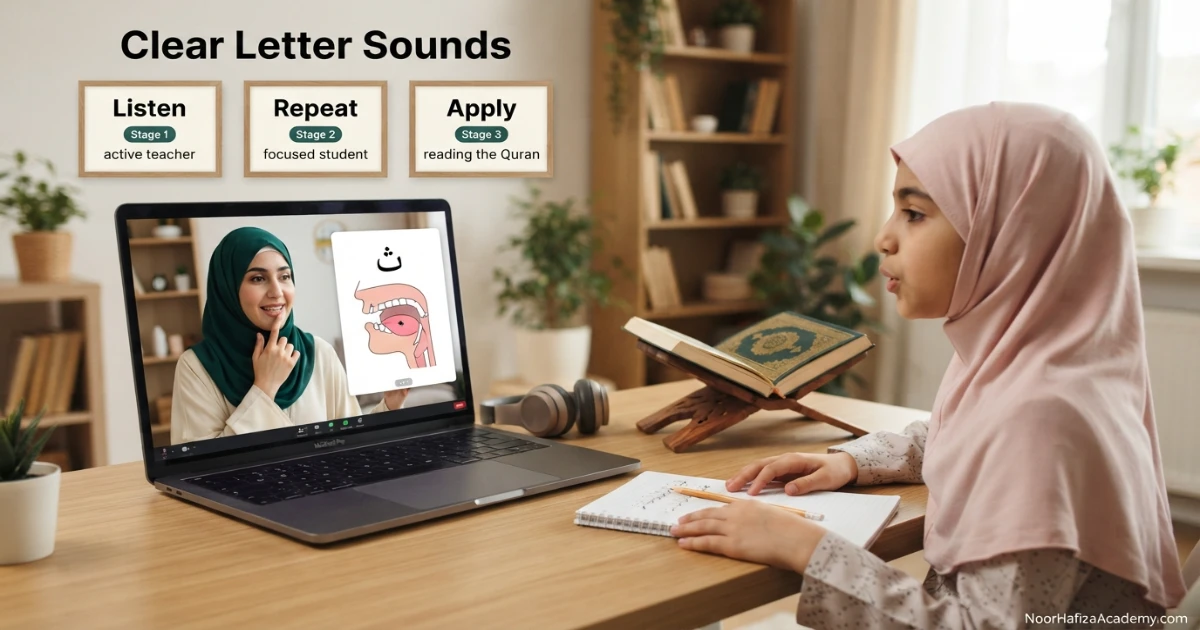 Makharij and sifat practice for beginners with a female Quran teacher demonstrating accurate Quran letter sounds