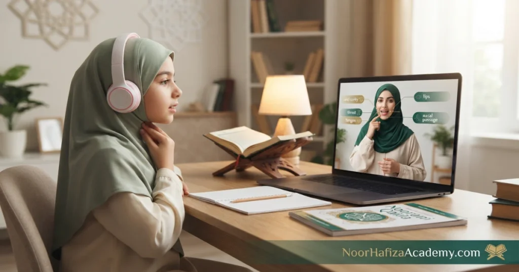 Makharij of Arabic letters taught by a female Quran teacher during an online lesson with a Muslim girl beginner