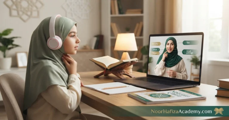 Makharij of Arabic letters taught by a female Quran teacher during an online lesson with a Muslim girl beginner