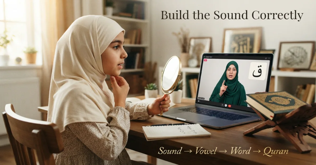 Female Quran teacher demonstrating Makharij while a student practices Arabic letter sounds at home