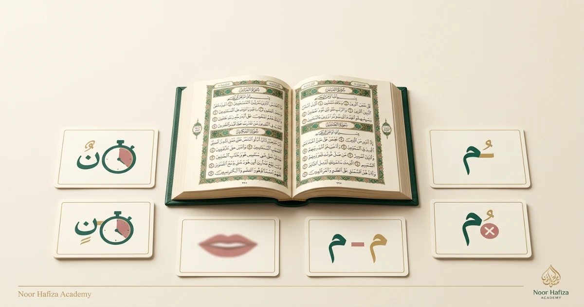 Common Meem Sakinah Tajweed mistakes including overholding Ghunnah and unclear lips