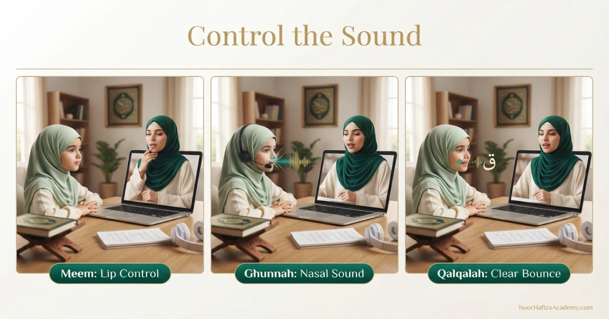 Beginner Tajweed practice for meem sakinah ghunnah and qalqalah during online Quran recitation