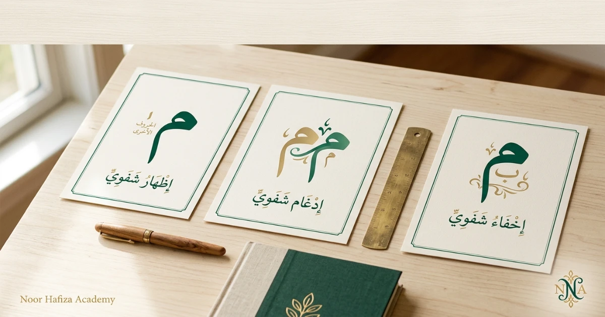 Three Meem Sakinah rules chart showing Ikhfa Shafawi Idgham Shafawi and Izhar Shafawi