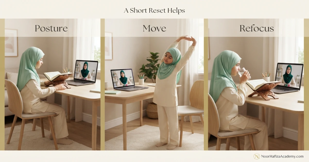 Movement breaks and attention reset strategies during an online Quran class for a child