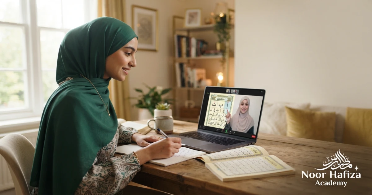 Female Quran teacher gently assessing a new Muslim woman’s Quran reading level online