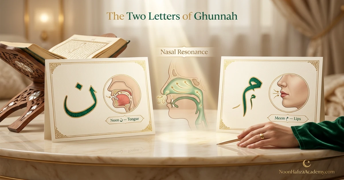 Noon and Meem shown as the main Ghunnah letters for Tajweed beginners