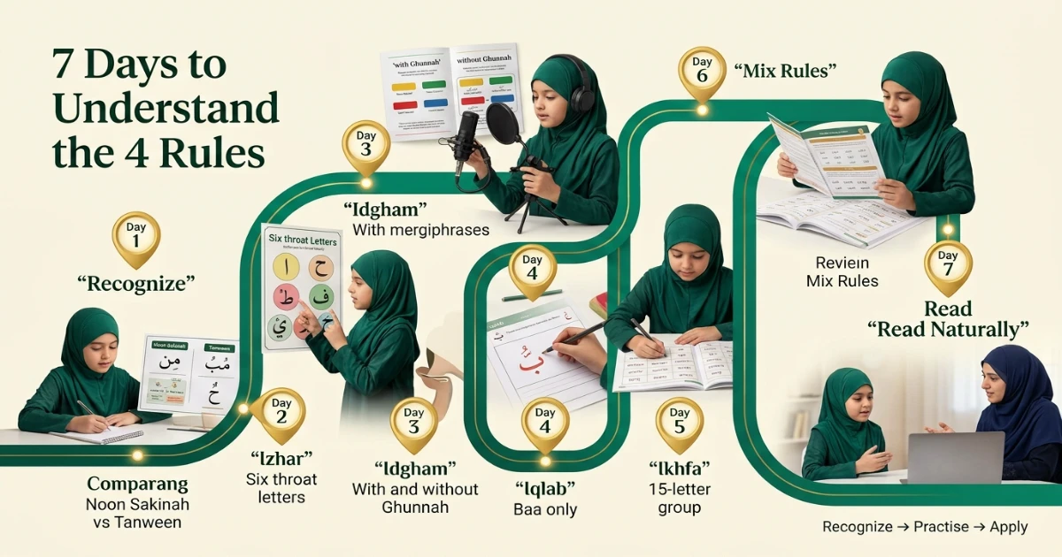 Seven day beginner practice plan for Noon Sakinah and Tanween rules