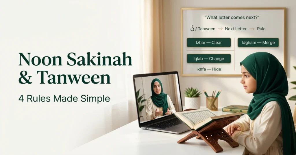 Noon Sakinah and Tanween rules made simple with Izhar Idgham Iqlab and Ikhfa chart for Tajweed beginners