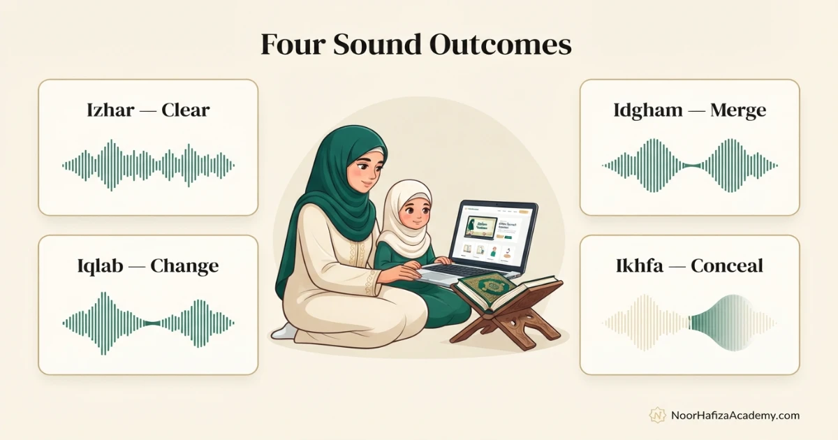 Tajweed rules for beginners showing izhar idgham iqlab and ikhfa for noon sakinah and tanween