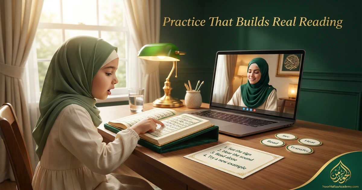 Muslim girl practising Harkaat Tanween Sukoon and Shaddah in Noorani Qaida with a female Quran teacher